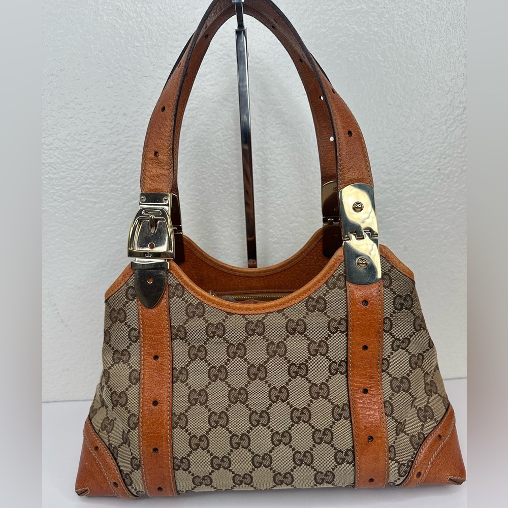 Gucci glam buckle  GG canvas leather trim shoulder bag